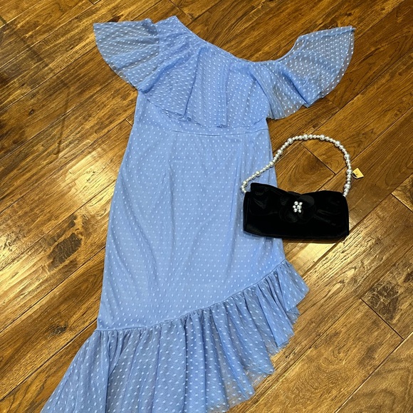 ASOS Blue Cold Shoulder Swiss Dot Asymmetrical Dress, 10 - Picture 11 of 16